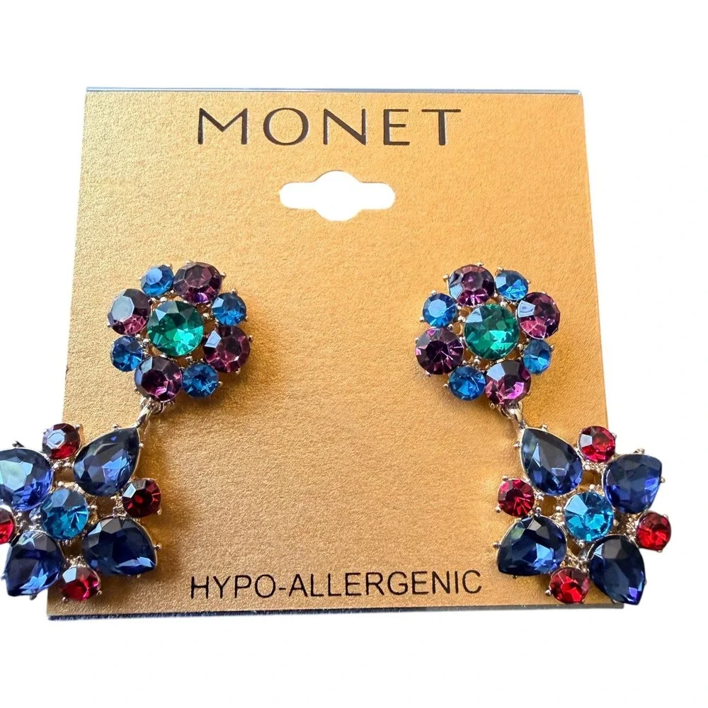 Vintage Y2K Monet Multicolor Crystal Statement Earrings Sample One of a Kind